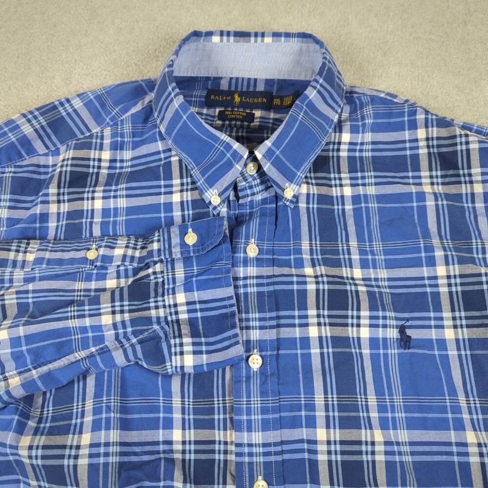 Ralph Lauren Shirt Mens XXL Blue Plaid Long Sleeve Cotton Stretch Button Down